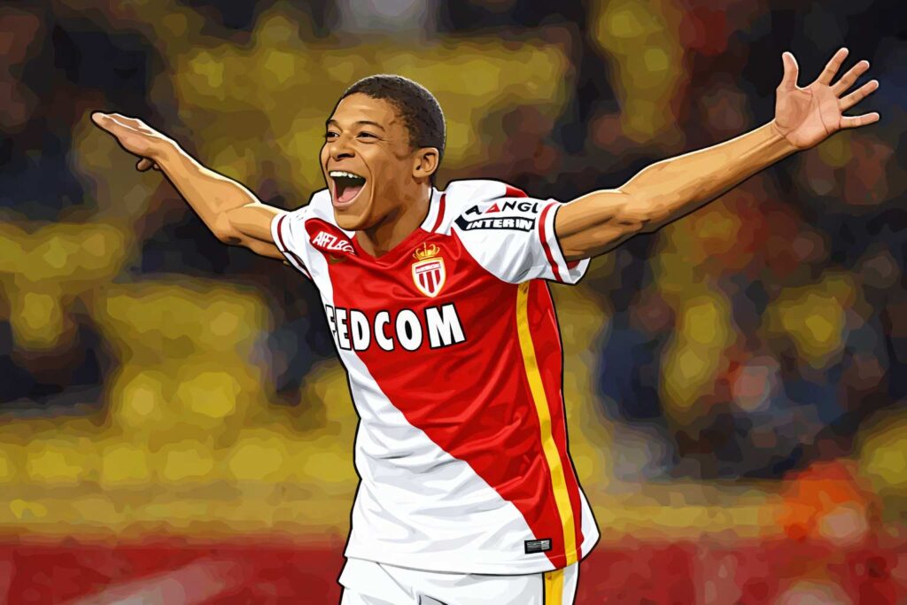 Ο Κιλιάν Μπαπέ με τη στολή της Μονακό. Πανηγυρίζει